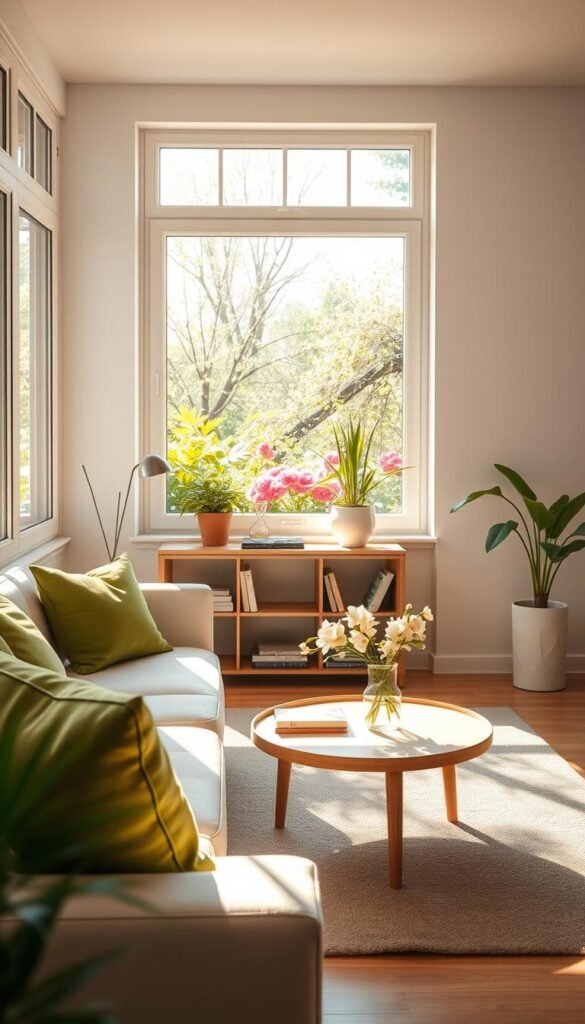 A serene, minimalist home interior bathed in soft, natural light filtering through large windows. In the foreground, a cozy, uncluttered living space features a light-colored sofa adorned with green cushions, accompanied by a simple, elegant coffee table with a vase of fresh spring flowers. In the middle ground, a small bookshelf contains a few carefully selected books and plants, emphasizing a connection to nature. The background reveals a calming view of a blooming garden through the windows, with vibrant flowers and lush greenery. The overall atmosphere is peaceful and uplifting, capturing the essence of spring awakening and promoting a sense of tranquility and comfort. The composition is shot with a wide-angle lens, enhancing the spacious feel, while warm sunlight creates a soft, inviting glow throughout the scene.