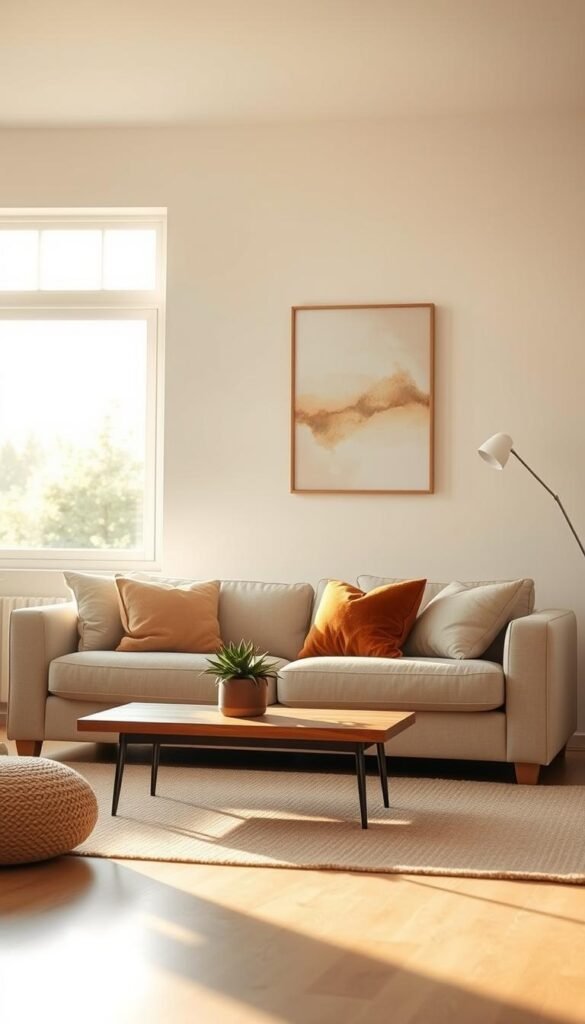 A serene, minimalist living room bathed in soft, natural light during the golden hour. In the foreground, a simple, comfortable sofa in light beige fabric, adorned with a couple of plush, warm-toned cushions. In the middle, a wooden coffee table with a single potted succulent, radiating tranquility. A large window in the background reveals a gentle view of green trees, promoting a sense of calm. The walls are softly painted in white, and a tasteful piece of abstract art hangs above the sofa, providing warmth without clutter. The atmosphere is inviting, conveying a sense of ease and nurturing. The composition is shot from a slightly elevated angle, emphasizing the spaciousness and peace of the environment, with an emphasis on natural textures and soft shadows. A serene, minimalist living room bathed in soft, natural light during the golden hour. In the foreground, a simple, comfortable sofa in light beige fabric, adorned with a couple of plush, warm-toned cushions. In the middle, a wooden coffee table with a single potted succulent, radiating tranquility. A large window in the background reveals a gentle view of green trees, promoting a sense of calm. The walls are softly painted in white, and a tasteful piece of abstract art hangs above the sofa, providing warmth without clutter. The atmosphere is inviting, conveying a sense of ease and nurturing. The composition is shot from a slightly elevated angle, emphasizing the spaciousness and peace of the environment, with an emphasis on natural textures and soft shadows.