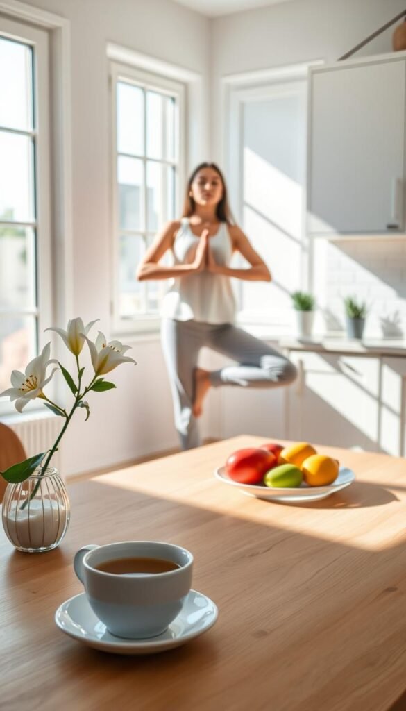 A serene minimalist morning routine scene, featuring a sunlit kitchen with large windows that showcase a soft morning glow. In the foreground, a simple wooden table holds a steaming cup of herbal tea, a neatly arranged plate of fresh fruit, and a subtle floral vase with white lilies. In the middle, a person dressed in modest casual clothing practices yoga, embodying calmness and tranquility. The background is filled with light-toned cabinets and a small potted plant on the windowsill, emphasizing a clean and decluttered aesthetic. Natural light floods the space, casting gentle shadows that create a peaceful atmosphere. The overall mood is one of simplicity and mindfulness, perfect for a fresh start to the day.