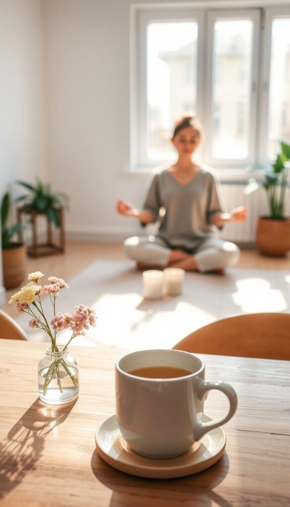 A serene minimalist morning scene capturing the essence of a gentle routine. In the foreground, a cozy, sunlit kitchen table with a simple white mug of herbal tea and a small vase of fresh flowers. In the middle ground, a person in modest casual clothing is engaged in meditation, seated cross-legged on a soft, neutral-toned rug, surrounded by a softly glowing candle. In the background, the soft morning light streams through a window, casting warm shadows that enhance the calm atmosphere. The lens focus is soft and warm, evoking a sense of peace and tranquility. Natural elements, such as houseplants, subtly add to the minimalistic vibe, creating a harmonious and inviting space that emphasizes the importance of a gentle morning routine.