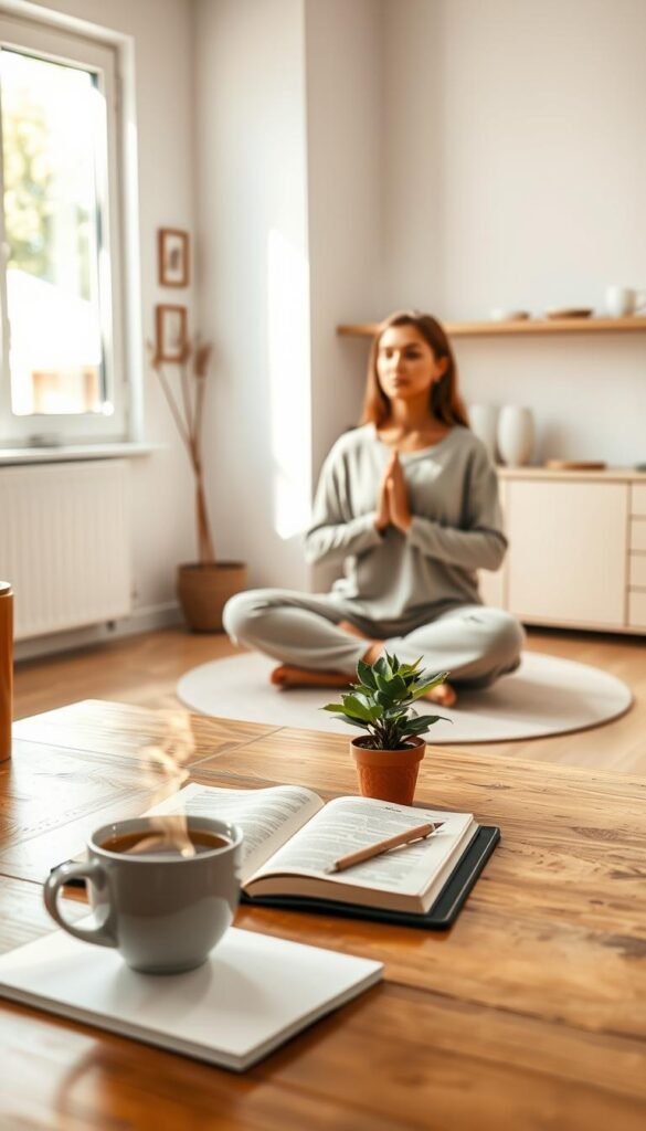 A serene minimalist morning scene featuring a cozy, sunlit kitchen. In the foreground, a neatly arranged wooden table holds a steaming cup of herbal tea, a small potted plant, and an open journal with a pen. In the middle, a person dressed in comfortable yet stylish loungewear sits cross-legged on a soft rug, practicing gentle yoga stretches, radiating tranquility. The background showcases a large window with soft, natural light cascading in, illuminating a few minimalist wall decorations and a shelf with simple, elegant ceramics. The overall atmosphere is calm and inviting, emphasizing peaceful rituals that punctuate a modern morning routine. The lighting is bright but soft, creating a warm, inspiring mood.