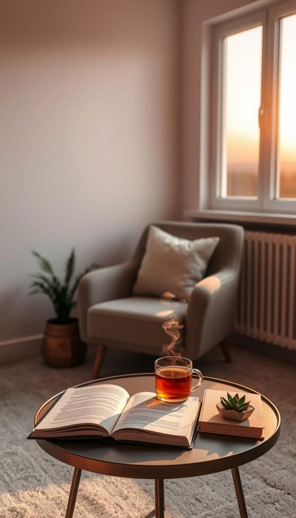 A serene minimalist room bathed in soft morning light, featuring a cozy corner with a plush armchair and a small side table. On the table, there is a warm cup of steaming herbal tea, surrounded by a few open books and a simple succulent plant, suggesting tranquility and focus. In the background, a large window shows a gentle sunrise with pastel hues of orange and pink softening the walls. The overall atmosphere is calm and inviting, reflecting a slower pace to the day. Use natural lighting to emphasize the warmth, and a slightly elevated angle to capture the scene without clutter. The style should evoke a sense of peaceful morning routines, perfect for a fresh start.