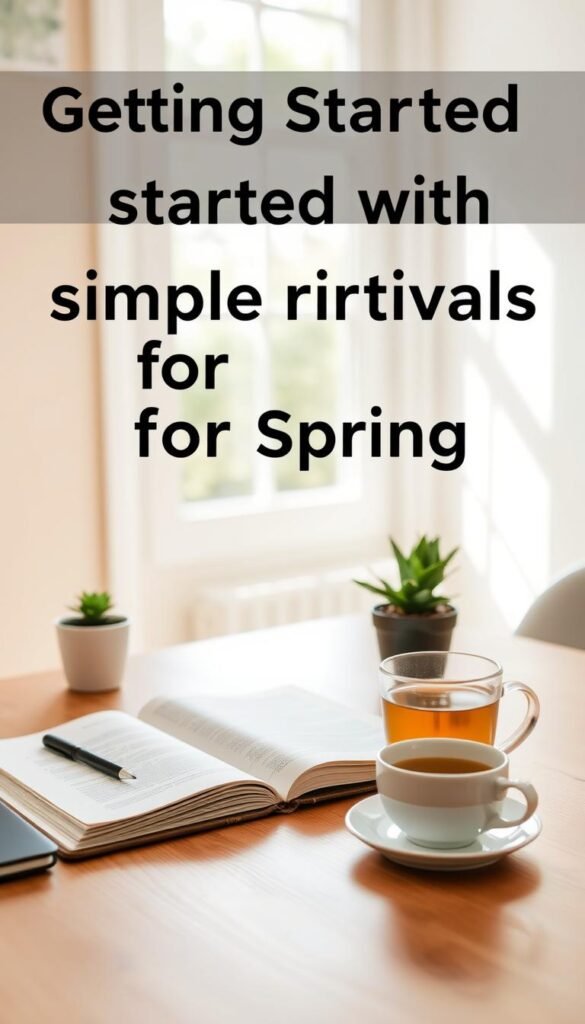 A serene, minimalist workspace scene that captures the essence of getting started with simple rituals for spring. In the foreground, a beautifully organized wooden desk features a small potted plant, an open journal with a pen, and a steaming cup of herbal tea. In the middle, a soft-focus window filters gentle natural light, enhancing the tranquil atmosphere. The background showcases a light, airy room with pastel-colored walls and a hint of greenery visible through the window. The mood is calm and inviting, with a sense of renewal and simplicity. The composition should have a warm tone, evoking a feeling of peace and mindfulness, captured with a shallow depth of field to emphasize the foreground elements.