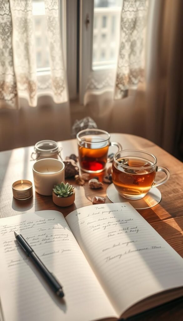 A serene monthly reflection scene depicting a variety of optional mini-rituals set on a wooden table. In the foreground, an open journal with handwritten notes and a pen rests beside a lit candle and a small potted succulent. In the middle, a steaming cup of herbal tea sits next to an arrangement of crystals and a few dried flowers, symbolizing nature’s connection. The background features a soft, blurred window with gentle sunlight filtering through lace curtains, creating a warm and inviting atmosphere. The lighting is soft and diffused, casting gentle shadows that enhance the peaceful mood. The overall aesthetic is calming and introspective, perfect for contemplation and reflection. A serene monthly reflection scene depicting a variety of optional mini-rituals set on a wooden table. In the foreground, an open journal with handwritten notes and a pen rests beside a lit candle and a small potted succulent. In the middle, a steaming cup of herbal tea sits next to an arrangement of crystals and a few dried flowers, symbolizing nature’s connection. The background features a soft, blurred window with gentle sunlight filtering through lace curtains, creating a warm and inviting atmosphere. The lighting is soft and diffused, casting gentle shadows that enhance the peaceful mood. The overall aesthetic is calming and introspective, perfect for contemplation and reflection.