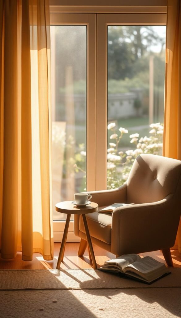 A serene morning moment in a cozy, sunlit room. In the foreground, a soft, plush armchair is neatly positioned next to a small, wooden side table holding a steaming cup of tea and an open book, inviting relaxation. The middle layer features a gently billowing sheer curtain letting in warm, golden morning light that casts soft shadows on the floor. In the background, there’s a peaceful view of a blooming garden outside the window, with delicate flowers glistening with morning dew. The overall atmosphere is calm and tranquil, evoking a sense of ease and a moment to breathe deeply. Use soft focus with warm tones, capturing the essence of simplicity and serenity in this quiet space. A serene morning moment in a cozy, sunlit room. In the foreground, a soft, plush armchair is neatly positioned next to a small, wooden side table holding a steaming cup of tea and an open book, inviting relaxation. The middle layer features a gently billowing sheer curtain letting in warm, golden morning light that casts soft shadows on the floor. In the background, there’s a peaceful view of a blooming garden outside the window, with delicate flowers glistening with morning dew. The overall atmosphere is calm and tranquil, evoking a sense of ease and a moment to breathe deeply. Use soft focus with warm tones, capturing the essence of simplicity and serenity in this quiet space.