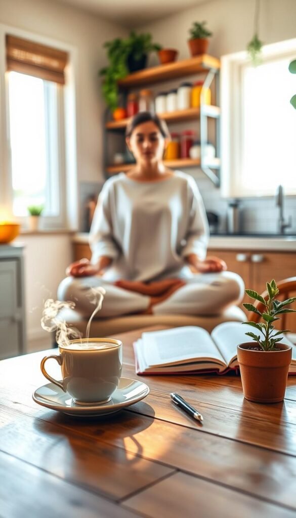 A serene morning ritual scene set in a cozy, sunlit kitchen. In the foreground, a wooden table is adorned with a steaming cup of herbal tea, a small potted plant, and an open notebook with a pen resting beside it. In the middle ground, a gentle figure dressed in soft, modest casual clothing sits cross-legged on a cushion, practicing mindfulness or journaling, with warm sunlight filtering through a window, casting soft shadows. The background features a well-organized kitchen shelf filled with colorful jars and greenery, enhancing the atmosphere of simplicity and calm. The lighting is soft and warm, creating an inviting mood, captured from a slightly elevated angle to provide depth and a sense of tranquility. A serene morning ritual scene set in a cozy, sunlit kitchen. In the foreground, a wooden table is adorned with a steaming cup of herbal tea, a small potted plant, and an open notebook with a pen resting beside it. In the middle ground, a gentle figure dressed in soft, modest casual clothing sits cross-legged on a cushion, practicing mindfulness or journaling, with warm sunlight filtering through a window, casting soft shadows. The background features a well-organized kitchen shelf filled with colorful jars and greenery, enhancing the atmosphere of simplicity and calm. The lighting is soft and warm, creating an inviting mood, captured from a slightly elevated angle to provide depth and a sense of tranquility.