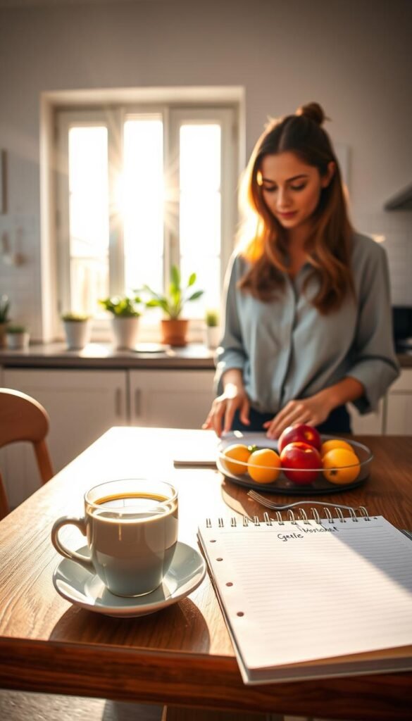 A serene morning routine scene in a cozy, sunlit kitchen, featuring a young adult in professional casual attire preparing a healthy breakfast. In the foreground, there's a beautifully set wooden table with a steaming cup of herbal tea, a bowl of vibrant fruit, and a notepad with a gentle goals worksheet. The middle ground shows a sunny window with potted plants, radiating warm, golden light, and a breakfast bar with an elegant arrangement of food. In the background, soft morning light spills in, illuminating the minimalistic kitchen decor, creating a peaceful and inviting atmosphere. The mood is calm and motivational, evoking a sense of productivity and self-care.