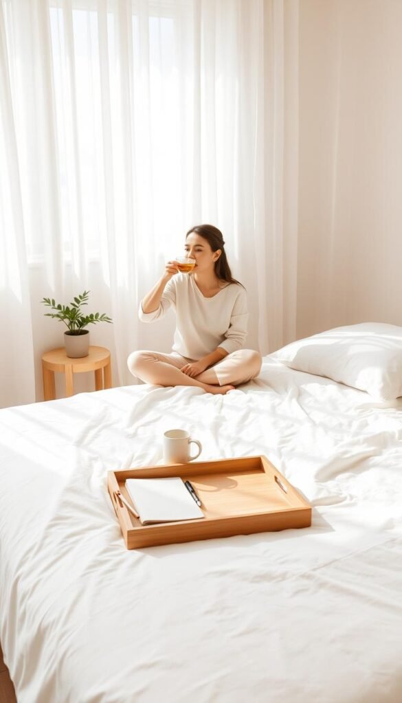 A serene morning routine scene unfolds in a softly lit, minimalist bedroom. In the foreground, a person in light, modest casual clothing sits cross-legged on a simple, unmade bed with crisp white linens, sipping herbal tea. A small, potted plant on the bedside table breathes life into the space. In the middle, a wooden tray displays a journal and a pen, evoking a sense of mindfulness and reflection. The background features gentle morning light streaming through sheer curtains, casting soft shadows on the pale walls. A peaceful atmosphere permeates the scene, emphasizing simplicity and calm. The overall color palette is warm and soft, conveying a sense of tranquility.