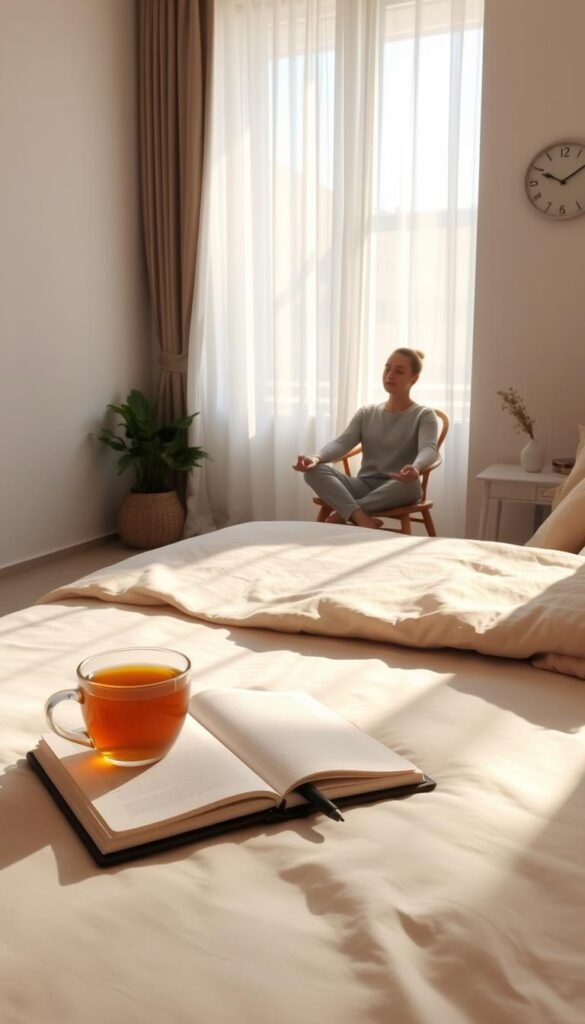 A serene morning routine set in a cozy, minimalist bedroom. In the foreground, a neatly made bed with neutral-colored bedding and soft pillows, creating a welcoming atmosphere. A wooden nightstand holds a steaming cup of herbal tea beside a closed journal and a sleek pen. In the middle, a soft, diffused morning light streams through sheer curtains, illuminating a simple wooden chair where a person dressed in modest, comfortable clothing sits, engaging in a calm meditation practice. In the background, minimalist decor includes a small plant and a minimalist clock on the wall, conveying tranquility. Gentle shadows enhance the peaceful mood, inviting the viewer to imagine a harmonious start to the day. The image is captured from an inviting angle, emphasizing simplicity and serenity without distractions.