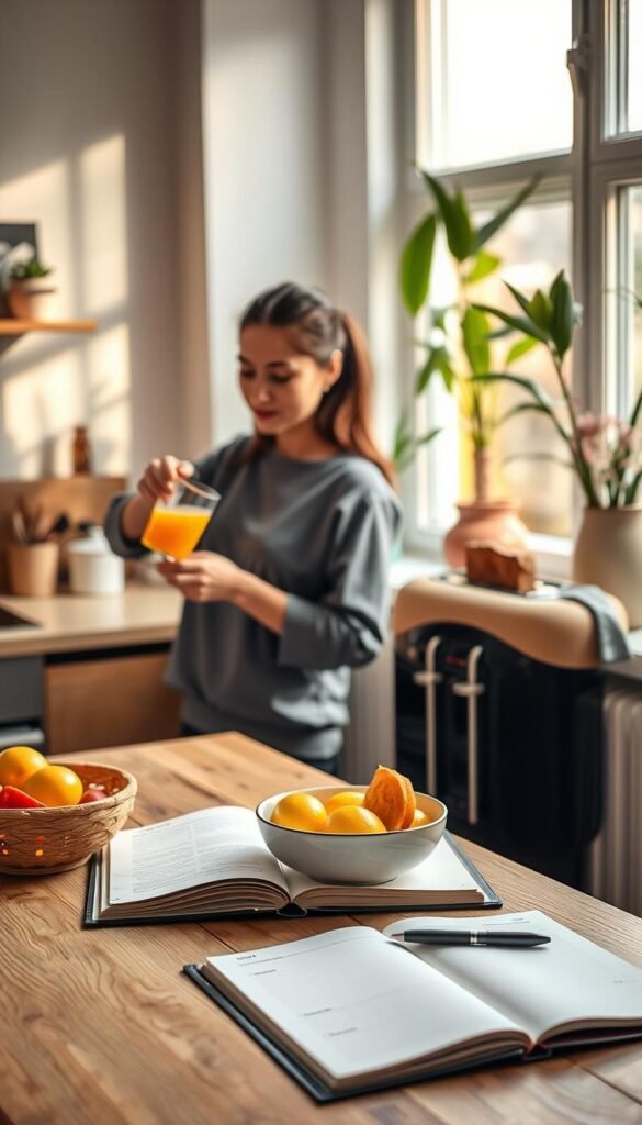 A serene morning scene capturing a cozy and efficient morning routine in a stylish, modern kitchen. In the foreground, a young professional woman in modest casual clothing prepares a quick breakfast, pouring fresh orange juice and placing toast in a toaster. She has a relaxed, focused expression. In the middle, a softly lit wooden table holds a simple bowl of fruits and an open planner with a pen, indicating a few minutes for organization. The background features a large window letting in warm, soft morning light, with plants gently swaying in a light breeze. The overall mood is calm and productive, reflecting a gentle start to the day, emphasizing tranquility and simplicity in a busy lifestyle. A serene morning scene capturing a cozy and efficient morning routine in a stylish, modern kitchen. In the foreground, a young professional woman in modest casual clothing prepares a quick breakfast, pouring fresh orange juice and placing toast in a toaster. She has a relaxed, focused expression. In the middle, a softly lit wooden table holds a simple bowl of fruits and an open planner with a pen, indicating a few minutes for organization. The background features a large window letting in warm, soft morning light, with plants gently swaying in a light breeze. The overall mood is calm and productive, reflecting a gentle start to the day, emphasizing tranquility and simplicity in a busy lifestyle.