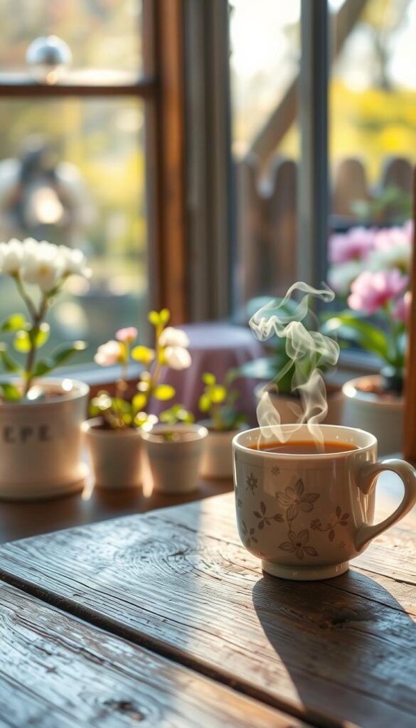 A serene morning scene capturing a warm cup of tea or coffee placed on a rustic wooden table in the foreground. The cup is adorned with delicate floral patterns, radiating a sense of comfort. Soft, natural light filters through a nearby window, casting gentle shadows and illuminating the steam rising from the cup, creating an inviting atmosphere. In the middle ground, there are hints of fresh greenery, including small potted plants that symbolize renewal and spring. The background features a softly blurred garden view, with blooming flowers and gentle sunlight. The overall mood is calm and soothing, conveying a sense of relaxation and mindfulness, perfect for a spring reset ritual. Focus on a warm color palette to enhance the feeling of comfort and tranquility. A serene morning scene capturing a warm cup of tea or coffee placed on a rustic wooden table in the foreground. The cup is adorned with delicate floral patterns, radiating a sense of comfort. Soft, natural light filters through a nearby window, casting gentle shadows and illuminating the steam rising from the cup, creating an inviting atmosphere. In the middle ground, there are hints of fresh greenery, including small potted plants that symbolize renewal and spring. The background features a softly blurred garden view, with blooming flowers and gentle sunlight. The overall mood is calm and soothing, conveying a sense of relaxation and mindfulness, perfect for a spring reset ritual. Focus on a warm color palette to enhance the feeling of comfort and tranquility.