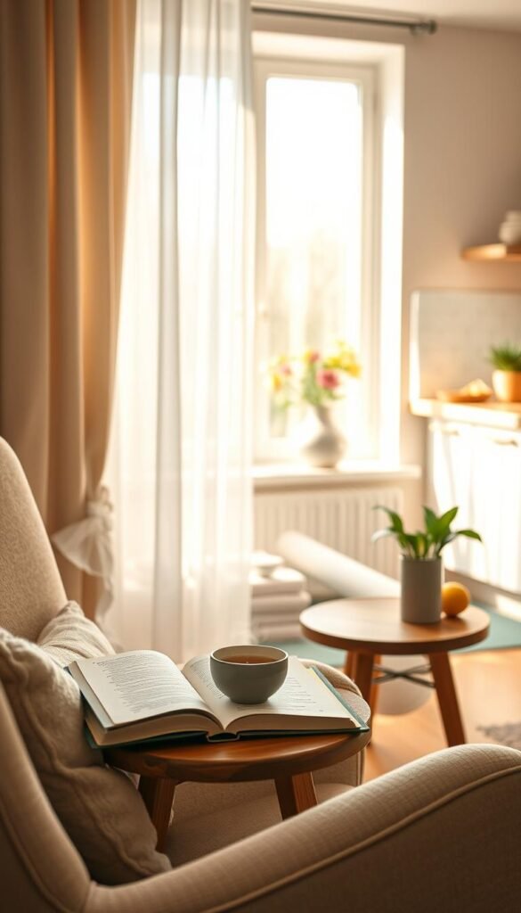 A serene morning scene capturing the essence of a calm routine. In the foreground, a cozy reading nook with a plush armchair and a small wooden side table holding a steaming cup of herbal tea and an open book. In the middle, a gentle stream of sunlight filters through sheer curtains, illuminating a vase of fresh flowers on a windowsill. A yoga mat is rolled out nearby, hinting at a moment of mindfulness. In the background, soft pastel colors of a quiet kitchen are visible, featuring a bowl of fresh fruit and a potted plant. The atmosphere is peaceful and inviting, suggesting a gentle start to the day. Use natural soft lighting with a warm tone, capturing the scene with a slight depth of field to emphasize the foreground. A serene morning scene capturing the essence of a calm routine. In the foreground, a cozy reading nook with a plush armchair and a small wooden side table holding a steaming cup of herbal tea and an open book. In the middle, a gentle stream of sunlight filters through sheer curtains, illuminating a vase of fresh flowers on a windowsill. A yoga mat is rolled out nearby, hinting at a moment of mindfulness. In the background, soft pastel colors of a quiet kitchen are visible, featuring a bowl of fresh fruit and a potted plant. The atmosphere is peaceful and inviting, suggesting a gentle start to the day. Use natural soft lighting with a warm tone, capturing the scene with a slight depth of field to emphasize the foreground.