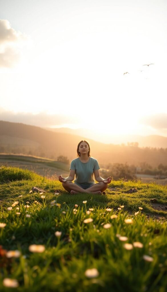 A serene morning scene capturing the essence of being present, showcasing a gentle sunrise filtering through soft, fluffy clouds. In the foreground, a tranquil figure seated cross-legged on a grassy patch, dressed in modest casual attire, eyes closed in meditation, reflecting calm and focus. The middle ground features delicate flowers and dewy grass illuminated by warm sunlight, inviting a sense of grounding and connection to nature. In the background, a peaceful landscape with rolling hills and distant trees creates a sense of depth, while birds can be seen flying gracefully in the gentle morning sky. The scene is bathed in soft, golden light, evoking a warm and peaceful atmosphere that encourages ease and mindfulness. A serene morning scene capturing the essence of being present, showcasing a gentle sunrise filtering through soft, fluffy clouds. In the foreground, a tranquil figure seated cross-legged on a grassy patch, dressed in modest casual attire, eyes closed in meditation, reflecting calm and focus. The middle ground features delicate flowers and dewy grass illuminated by warm sunlight, inviting a sense of grounding and connection to nature. In the background, a peaceful landscape with rolling hills and distant trees creates a sense of depth, while birds can be seen flying gracefully in the gentle morning sky. The scene is bathed in soft, golden light, evoking a warm and peaceful atmosphere that encourages ease and mindfulness.