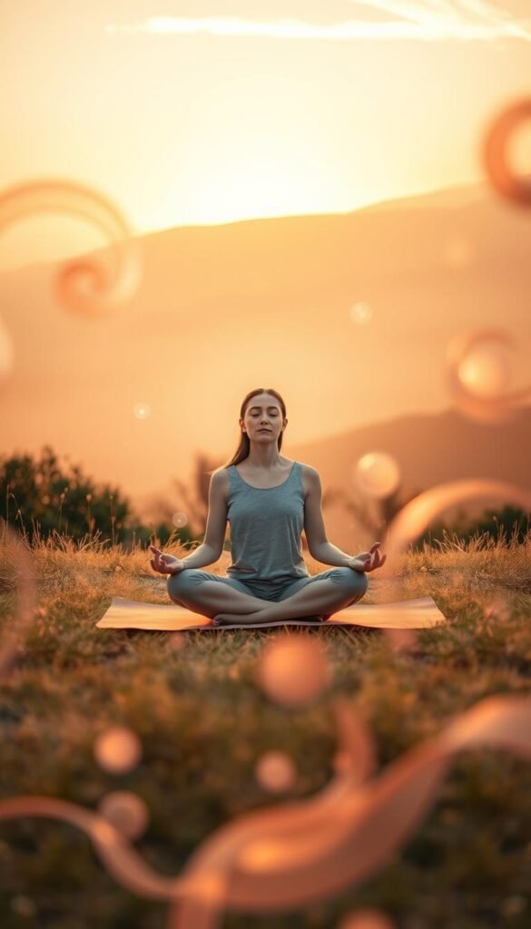 A serene morning scene capturing the essence of emotions through an abstract representation. In the foreground, soft pastel swirls embody feelings of calmness and clarity, intermingling with gentle, flowing shapes that symbolize hope and renewal. In the middle ground, a tranquil figure in modest casual clothing sits cross-legged on a yoga mat, eyes closed in peaceful meditation, surrounded by delicate, glowing orbs of light that radiate warmth and comfort. The background features a soft-focus landscape of a sunrise, with golden light spilling over a serene horizon, casting a warm glow and infusing the atmosphere with a sense of possibility and tranquility. The image should evoke a feeling of emotional grounding and connection, with soft natural lighting capturing the warmth and serenity of the moment. A serene morning scene capturing the essence of emotions through an abstract representation. In the foreground, soft pastel swirls embody feelings of calmness and clarity, intermingling with gentle, flowing shapes that symbolize hope and renewal. In the middle ground, a tranquil figure in modest casual clothing sits cross-legged on a yoga mat, eyes closed in peaceful meditation, surrounded by delicate, glowing orbs of light that radiate warmth and comfort. The background features a soft-focus landscape of a sunrise, with golden light spilling over a serene horizon, casting a warm glow and infusing the atmosphere with a sense of possibility and tranquility. The image should evoke a feeling of emotional grounding and connection, with soft natural lighting capturing the warmth and serenity of the moment.