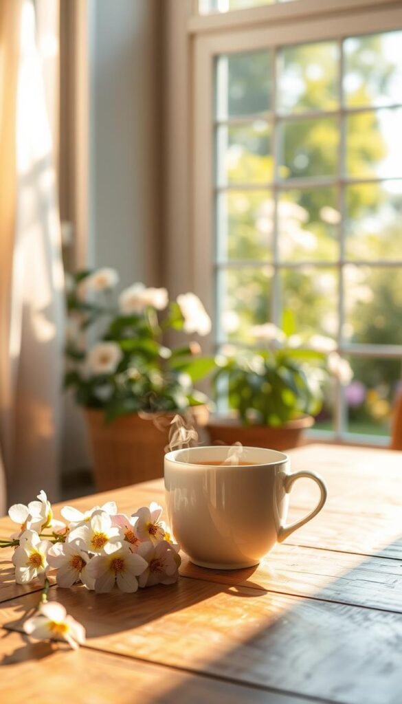 A serene morning scene capturing the essence of "let go of perfection." In the foreground, a gently steaming cup of herbal tea sits on a wooden table surrounded by soft pastel flowers, symbolizing tranquility and simplicity. The middle ground features a cozy, sunlit room with a large window, allowing warm rays to illuminate delicate sheer curtains, enhancing the inviting atmosphere. In the background, a lush spring garden can be seen, with blossoms softly swaying in a light breeze, conveying a sense of peace and ease. The overall lighting is soft and warm, creating a dreamy, ethereal quality. Capture the mood of relaxation and release, emphasizing the beauty of imperfection. Use a shallow depth of field to focus on the tea cup and flowers, blurring the garden softly.