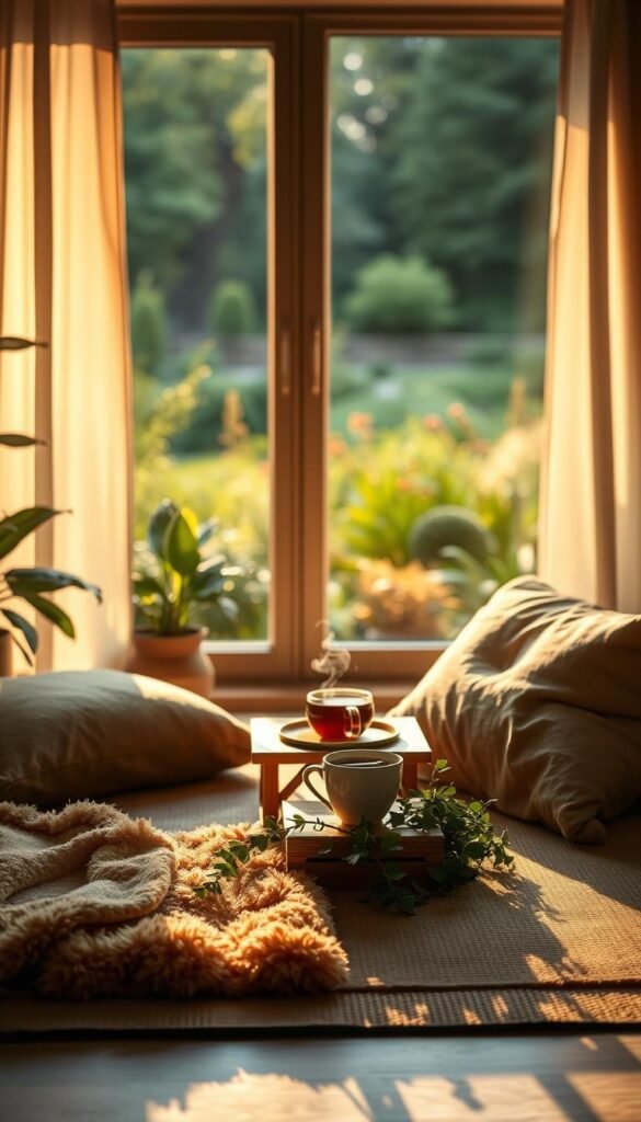 A serene morning scene capturing the essence of mindfulness. In the foreground, a cozy meditation corner with a soft, inviting mat and plush cushions in earthy tones. A steaming cup of herbal tea rests on a small wooden table, surrounded by fresh plants. In the middle, a large window allows soft, golden morning light to flood the space, illuminating the gentle textures of the room. Beyond, a tranquil garden filled with lush greenery can be seen, enhancing the peaceful atmosphere. The overall mood is calming and introspective, evoking a sense of quiet reflection. Use a shallow depth of field to soften the background, focusing on the inviting meditation space. The lighting is warm and soft, creating a harmonious glow that invites the viewer to pause and breathe.