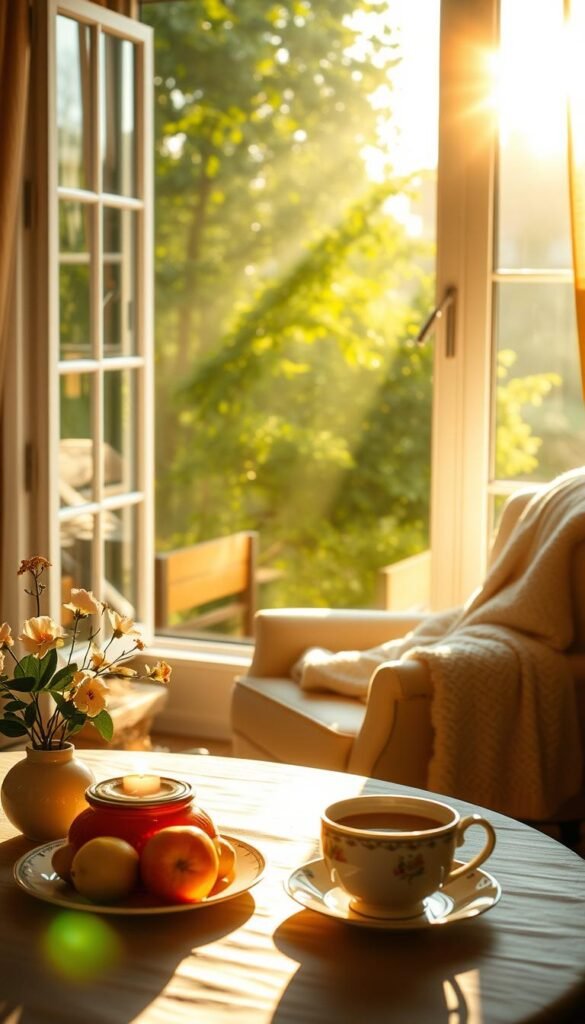 A serene morning scene depicting a cozy home environment bathed in warm, golden sunlight streaming through a large window. In the foreground, a softly adorned breakfast table features a steaming cup of herbal tea, a bowl of fresh fruit, and a small vase of blooming flowers. The middle ground shows a comfortable, inviting armchair with a plush blanket draped over it, positioned near the window. In the background, lush green trees are illuminated by the gentle morning light, casting soft shadows across the room. The atmosphere is tranquil and soothing, evoking a sense of calm and ease. The image is captured with a soft focus lens effect to enhance the peaceful mood, suggesting a perfect start to the day. A serene morning scene depicting a cozy home environment bathed in warm, golden sunlight streaming through a large window. In the foreground, a softly adorned breakfast table features a steaming cup of herbal tea, a bowl of fresh fruit, and a small vase of blooming flowers. The middle ground shows a comfortable, inviting armchair with a plush blanket draped over it, positioned near the window. In the background, lush green trees are illuminated by the gentle morning light, casting soft shadows across the room. The atmosphere is tranquil and soothing, evoking a sense of calm and ease. The image is captured with a soft focus lens effect to enhance the peaceful mood, suggesting a perfect start to the day.