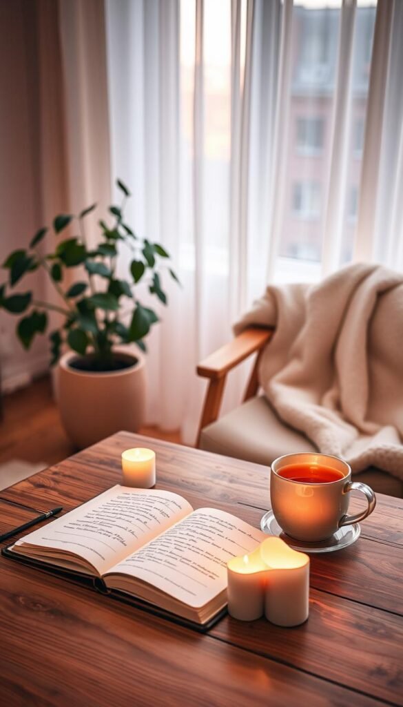 A serene morning scene depicting a cozy ritual for intentional living. In the foreground, a beautifully arranged wooden table with a steaming cup of herbal tea, a journal with an open page for writing intentions, and a few lit candles casting a warm glow. In the middle ground, a potted plant with lush green leaves and a soft blanket draped over the chair, exuding comfort and tranquility. The background features a softly lit window with sheer curtains gently swaying, letting in the dawn light. The atmosphere is calm and inviting, with a pastel color palette of soft pinks and blues. The scene captures a sense of peace and mindfulness, perfect for embracing slow, gentle steps to start the day. Use a warm, soft focus to enhance the cozy feel. A serene morning scene depicting a cozy ritual for intentional living. In the foreground, a beautifully arranged wooden table with a steaming cup of herbal tea, a journal with an open page for writing intentions, and a few lit candles casting a warm glow. In the middle ground, a potted plant with lush green leaves and a soft blanket draped over the chair, exuding comfort and tranquility. The background features a softly lit window with sheer curtains gently swaying, letting in the dawn light. The atmosphere is calm and inviting, with a pastel color palette of soft pinks and blues. The scene captures a sense of peace and mindfulness, perfect for embracing slow, gentle steps to start the day. Use a warm, soft focus to enhance the cozy feel.
