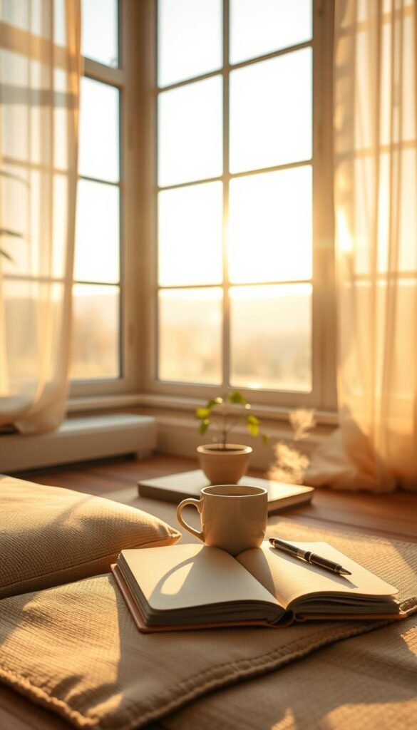 A serene morning scene depicting a cozy, sunlit room with large windows allowing soft, golden light to pour in. In the foreground, a neatly arranged meditation area features a comfortable cushion, a steaming mug of herbal tea, and a delicate notebook with a pen, hinting at reflections and intentions for the day. In the middle ground, a small potted plant adds a touch of greenery, symbolizing growth and new beginnings. The background shows a peaceful view of a calm landscape, perhaps a gentle sunrise over a tranquil garden or rolling hills. The atmosphere is tranquil, evoking a sense of calm and readiness for personal release, fostering an inviting space for mindfulness and reflection. Use a soft-focus lens to enhance the serene mood. A serene morning scene depicting a cozy, sunlit room with large windows allowing soft, golden light to pour in. In the foreground, a neatly arranged meditation area features a comfortable cushion, a steaming mug of herbal tea, and a delicate notebook with a pen, hinting at reflections and intentions for the day. In the middle ground, a small potted plant adds a touch of greenery, symbolizing growth and new beginnings. The background shows a peaceful view of a calm landscape, perhaps a gentle sunrise over a tranquil garden or rolling hills. The atmosphere is tranquil, evoking a sense of calm and readiness for personal release, fostering an inviting space for mindfulness and reflection. Use a soft-focus lens to enhance the serene mood.