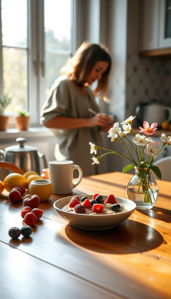 A serene morning scene depicting a gentle morning routine in a bright, sunlit kitchen. In the foreground, a person in modest casual clothing is preparing a healthy breakfast, surrounded by fresh fruits and a steaming mug of herbal tea. The middle layer features a beautifully arranged table with a plate of oatmeal topped with berries and a small vase of blooming spring flowers. Soft, natural light streams through a window, casting warm reflections on the polished wooden surfaces. In the background, there are hints of a lush garden outside, enhancing the tranquil atmosphere. The overall mood is calm and inviting, encapsulating the essence of a peaceful morning in springtime. The image captures the freshness and renewal associated with the season.