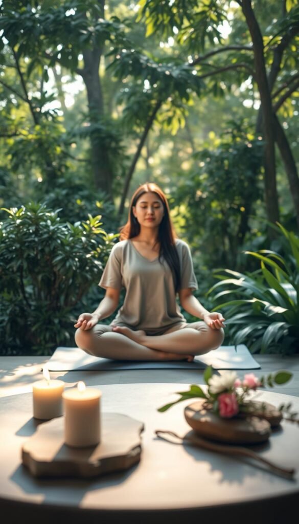 A serene morning scene depicting a peaceful outdoor space surrounded by lush greenery and soft morning light. In the foreground, a smooth stone table with a small arrangement of calming elements, like a lit candle, a crystal, and fresh flowers. The middle section features a woman in modest casual clothing, sitting cross-legged on a yoga mat, in a meditative pose, with a serene expression, embodying tranquility and focus. In the background, a gentle light breaks through the trees, creating a warm glow and casting soft shadows. The atmosphere is calm and inviting, encouraging a sense of release and mindfulness to start the day. The composition is framed with a slight tilt, capturing both the subject and the natural beauty around her, evoking feelings of grounding and peace. A serene morning scene depicting a peaceful outdoor space surrounded by lush greenery and soft morning light. In the foreground, a smooth stone table with a small arrangement of calming elements, like a lit candle, a crystal, and fresh flowers. The middle section features a woman in modest casual clothing, sitting cross-legged on a yoga mat, in a meditative pose, with a serene expression, embodying tranquility and focus. In the background, a gentle light breaks through the trees, creating a warm glow and casting soft shadows. The atmosphere is calm and inviting, encouraging a sense of release and mindfulness to start the day. The composition is framed with a slight tilt, capturing both the subject and the natural beauty around her, evoking feelings of grounding and peace.