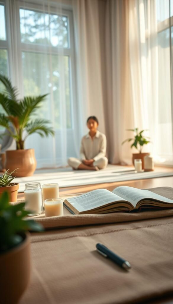 A serene morning scene depicting a peaceful reset ritual. In the foreground, a neatly arranged meditation space features a soft mat with delicate candles, vibrant potted plants, and a journal open with a pen beside it. The middle ground shows a calm individual in modest, comfortable clothing sitting cross-legged, their eyes gently closed in meditation, surrounded by a tranquil aura. The background reveals a softly lit room with large windows allowing gentle sunlight to filter through sheer curtains, casting dappled light on the walls. The atmosphere exudes calmness and introspection, with soft shadows and warm tones creating a harmonious environment for reflection. The lens captures this intimate moment with a slight depth of field, enhancing the feeling of focus and peace.