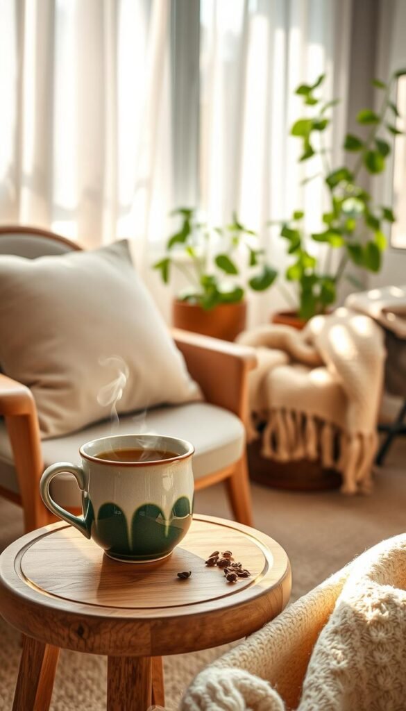 A serene morning scene depicting a warm cup ritual. In the foreground, a beautifully crafted ceramic mug filled with steaming tea or coffee sits invitingly on a small wooden side table, with a few tea leaves scattered nearby. The middle ground features a cozy nook with soft, natural textures—a plush cushion and a woven blanket casually draped over a nearby armchair. In the background, sunlight filters softly through sheer curtains, casting gentle shadows and illuminating potted plants with green leaves, creating a tranquil atmosphere. The color palette should reflect warm, earthy tones, evoking comfort and calmness. Capture this moment with a slightly elevated perspective, using soft focus to emphasize the peaceful morning ambiance. A serene morning scene depicting a warm cup ritual. In the foreground, a beautifully crafted ceramic mug filled with steaming tea or coffee sits invitingly on a small wooden side table, with a few tea leaves scattered nearby. The middle ground features a cozy nook with soft, natural textures—a plush cushion and a woven blanket casually draped over a nearby armchair. In the background, sunlight filters softly through sheer curtains, casting gentle shadows and illuminating potted plants with green leaves, creating a tranquil atmosphere. The color palette should reflect warm, earthy tones, evoking comfort and calmness. Capture this moment with a slightly elevated perspective, using soft focus to emphasize the peaceful morning ambiance.