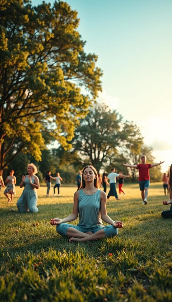 A serene morning scene depicting grounding techniques in nature. In the foreground, a diverse group of people, wearing modest casual clothing, practice mindfulness exercises on a grassy field, connecting with the earth. One person is sitting cross-legged, eyes closed, while another stands with arms outstretched, embracing the tranquility. In the middle ground, lush trees create a natural canopy, filtering warm, gentle sunlight that casts soft shadows on the ground. The background features a calm blue sky with fluffy white clouds, suggesting a peaceful atmosphere. The overall mood is serene and rejuvenating, inviting the viewer to feel present and engaged in the moment. Use a soft focus lens to enhance the dreamlike quality of the scene, evoking a sense of balance and harmony in nature. A serene morning scene depicting grounding techniques in nature. In the foreground, a diverse group of people, wearing modest casual clothing, practice mindfulness exercises on a grassy field, connecting with the earth. One person is sitting cross-legged, eyes closed, while another stands with arms outstretched, embracing the tranquility. In the middle ground, lush trees create a natural canopy, filtering warm, gentle sunlight that casts soft shadows on the ground. The background features a calm blue sky with fluffy white clouds, suggesting a peaceful atmosphere. The overall mood is serene and rejuvenating, inviting the viewer to feel present and engaged in the moment. Use a soft focus lens to enhance the dreamlike quality of the scene, evoking a sense of balance and harmony in nature.
