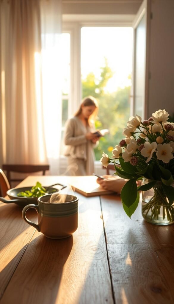 A serene morning scene depicting slow living rituals in a cozy kitchen, featuring a soft sunlight filtering through sheer curtains. In the foreground, a wooden table is adorned with a handcrafted ceramic mug filled with steaming herbal tea, alongside a fresh, blooming spring bouquet. The middle ground showcases a tranquil figure, dressed in comfortable, modest clothing, engaged in mindful activities such as journaling or preparing a simple, healthy breakfast with seasonal fruits. In the background, a window reveals a lush garden bathed in warm, golden light, suggesting a peaceful atmosphere. The overall mood is calm and inviting, evoking a sense of relaxation and connection to nature, with gentle textures and soft colors enhancing the tranquil feel of a slow living weekend.