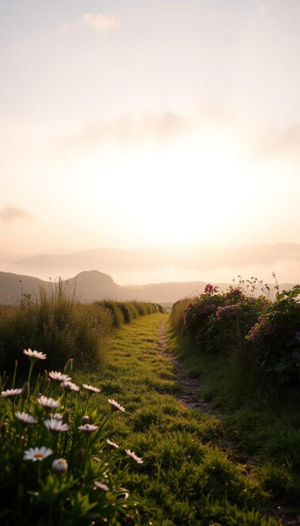 A serene morning scene depicting the gentle light of dawn softly illuminating a tranquil landscape. In the foreground, a dewy garden with blooming flowers and green grass glistening in the soft sunlight. The middle ground features a peaceful path, lined with vibrant foliage, inviting a leisurely walk. In the background, rolling hills under a pastel sky, where hints of pink and orange merge into a soft blue. The scene exudes calmness, with a light fog hovering above the grass, creating a dreamlike atmosphere. The overall mood should be inspiring and reflective, inviting viewers to slow down and appreciate the beauty of the morning, captured with a soft focus lens that enhances the gentle textures and colors. A serene morning scene depicting the gentle light of dawn softly illuminating a tranquil landscape. In the foreground, a dewy garden with blooming flowers and green grass glistening in the soft sunlight. The middle ground features a peaceful path, lined with vibrant foliage, inviting a leisurely walk. In the background, rolling hills under a pastel sky, where hints of pink and orange merge into a soft blue. The scene exudes calmness, with a light fog hovering above the grass, creating a dreamlike atmosphere. The overall mood should be inspiring and reflective, inviting viewers to slow down and appreciate the beauty of the morning, captured with a soft focus lens that enhances the gentle textures and colors.