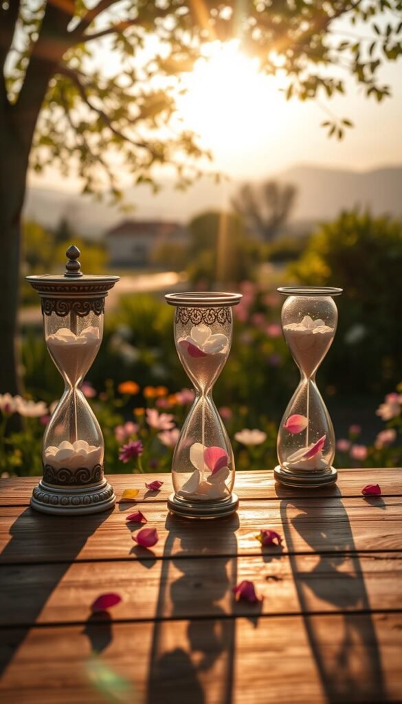 A serene morning scene depicting time blocks as soft, colorful hourglasses filled with delicate petals and light, floating gently against a pastel sky. In the foreground, close-up images of ornate hourglasses rest on a wooden table, bathed in warm, golden sunlight filtering through nearby trees, creating dappled light effects. The middle ground showcases a lush garden, with blooming flowers and gentle greenery, embodying the freshness of spring. In the background, a soft-focus view of distant hills accentuates the tranquil atmosphere. The overall mood is peaceful and reflective, encouraging a gentle embrace of time, perfect for the concept of a soft morning routine. Use a wide-angle lens for depth and capture the soft golden hour light to enhance the calm ambiance.