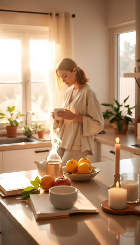 A serene morning scene featuring a cozy kitchen bathed in warm, soft sunlight filtering through a window. In the foreground, a woman dressed in comfortable, modest loungewear is preparing a cup of steaming herbal tea, her posture relaxed and thoughtful. The middle ground showcases a well-organized counter with fresh fruits, a journal, and a lit candle, evoking a sense of tranquility and mindfulness. In the background, leafy houseplants and a view of a quiet, sunlit garden can be seen, enhancing the peaceful atmosphere. The image should be shot from a slightly elevated angle to capture the warmth of the scene, focusing on the gentle colors of pastel tones, creating a calming and inviting mood for a gentle start to the day. A serene morning scene featuring a cozy kitchen bathed in warm, soft sunlight filtering through a window. In the foreground, a woman dressed in comfortable, modest loungewear is preparing a cup of steaming herbal tea, her posture relaxed and thoughtful. The middle ground showcases a well-organized counter with fresh fruits, a journal, and a lit candle, evoking a sense of tranquility and mindfulness. In the background, leafy houseplants and a view of a quiet, sunlit garden can be seen, enhancing the peaceful atmosphere. The image should be shot from a slightly elevated angle to capture the warmth of the scene, focusing on the gentle colors of pastel tones, creating a calming and inviting mood for a gentle start to the day.