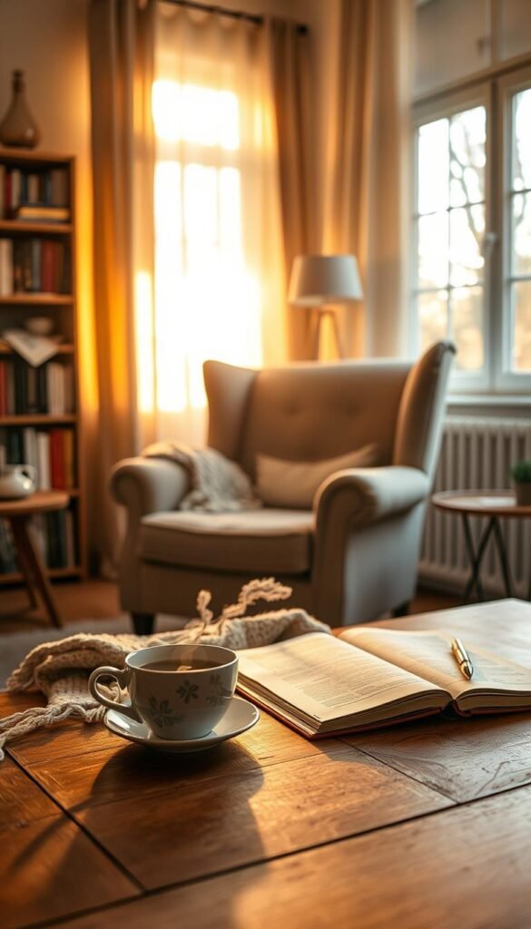 A serene morning scene featuring a quiet, softly lit room bathed in warm, golden sunlight filtering through sheer curtains. In the foreground, a wooden table holds a delicate ceramic cup filled with steaming tea, surrounded by a cozy blanket and an open notebook with a pen. The middle layer showcases a plush armchair, inviting and slightly turned as if waiting for someone to sit and enjoy the tranquility. In the background, a softly blurred bookshelf filled with books complements the mood, while a window reveals a gentle view of dew-kissed trees outside. The atmosphere is calm and peaceful, evoking a sense of warmth and unhurried leisure, perfect for starting the day with mindfulness and intention. The lighting is soft and diffused, creating a harmonious and inviting ambiance. A serene morning scene featuring a quiet, softly lit room bathed in warm, golden sunlight filtering through sheer curtains. In the foreground, a wooden table holds a delicate ceramic cup filled with steaming tea, surrounded by a cozy blanket and an open notebook with a pen. The middle layer showcases a plush armchair, inviting and slightly turned as if waiting for someone to sit and enjoy the tranquility. In the background, a softly blurred bookshelf filled with books complements the mood, while a window reveals a gentle view of dew-kissed trees outside. The atmosphere is calm and peaceful, evoking a sense of warmth and unhurried leisure, perfect for starting the day with mindfulness and intention. The lighting is soft and diffused, creating a harmonious and inviting ambiance.