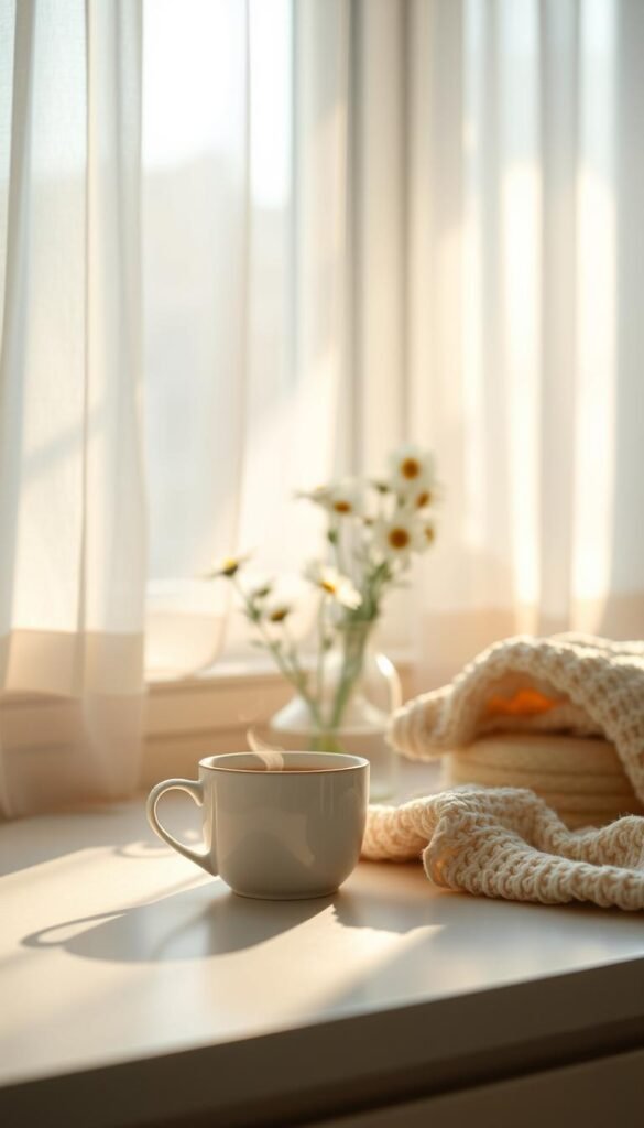 A serene morning scene featuring a softly lit kitchen countertop with a warm cup of tea or coffee nestled between gentle morning light filtering through sheer curtains. In the foreground, the cup exudes warmth, steam softly swirling above it, inviting tranquility. The middle ground showcases a few handpicked daisy flowers in a small vase, adding a touch of spring freshness, while a cozy, knitted blanket is casually draped nearby. In the background, the room is softened by the diffusion of light, with pastel colors and natural elements creating a calming atmosphere. The overall mood is peaceful and reflective, embodying a moment of quiet introspection in a gentle spring morning. The focus should be on warmth, softness, and the beauty of a tranquil start to the day.