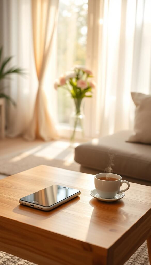 A serene morning scene in a cozy home environment, featuring a soft pastel color palette to evoke springtime tranquility. In the foreground, a stylish wooden coffee table holds a smartphone face-down beside a steaming cup of herbal tea, symbolizing a break from social media. The middle ground includes a window dressed with light, airy curtains that allow golden morning light to filter in, illuminating a vase of fresh flowers. In the background, a peaceful garden can be seen through the window, with gentle sunlight casting soft shadows. The atmosphere is calm and inviting, capturing a moment of mindfulness and self-care, emphasizing the theme of setting kind boundaries with technology. Use a soft focus lens to enhance the tranquility of the scene.