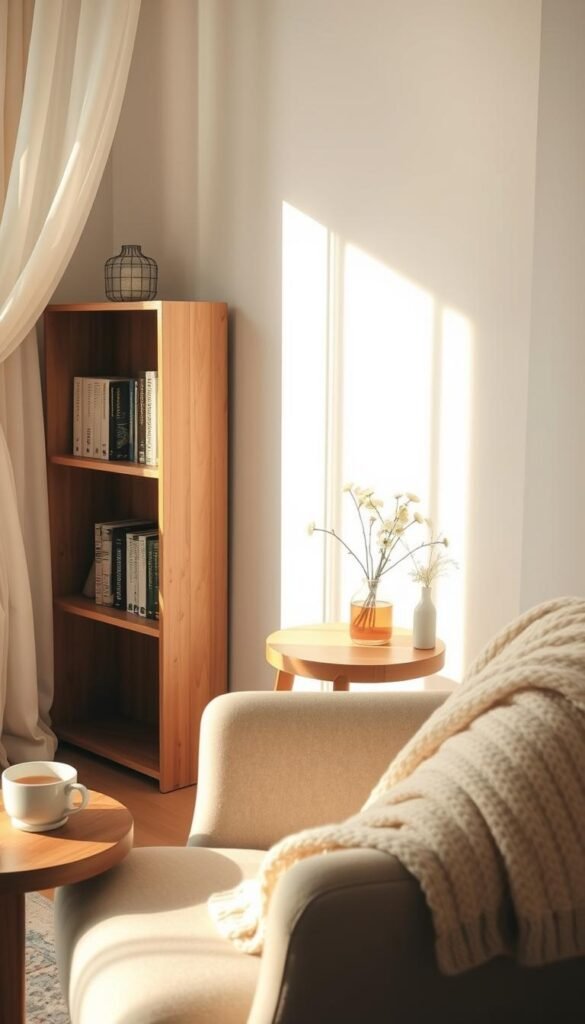 A serene morning scene in a cozy room, bathed in soft, warm light filtering through sheer curtains. In the foreground, a plush, inviting armchair draped with a light knit throw, beside a small wooden side table holding a steaming cup of herbal tea. In the middle ground, a simple wooden bookshelf filled with well-loved books, and a delicate vase with fresh spring flowers. The background reveals a softly painted wall in muted pastel tones, enhancing the calm atmosphere. Gentle shadows and warm highlights evoke a peaceful, contemplative mood. The shot is taken from a slightly elevated angle, capturing the essence of a tranquil, slow morning where time feels abundant and nurturing.