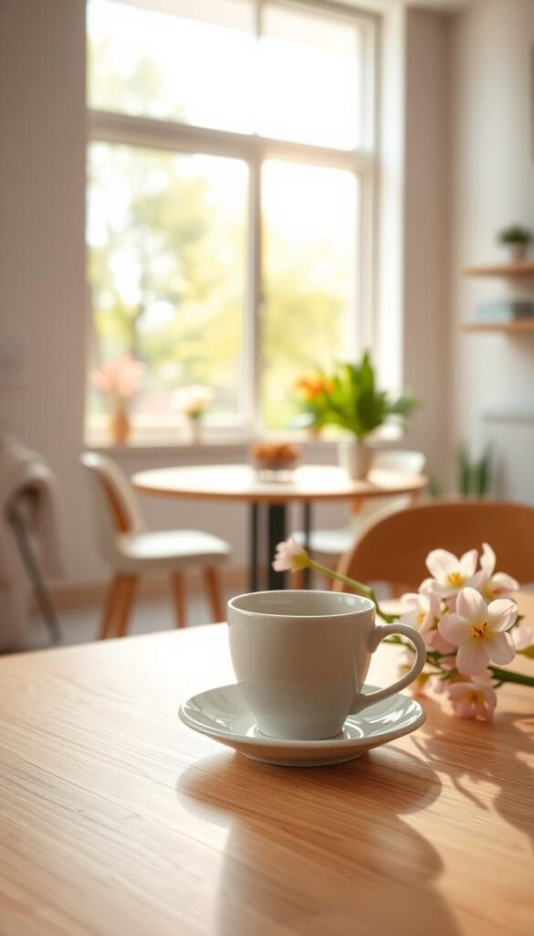 A serene morning scene set in a minimalist café, bathed in soft, natural light that filters through large windows, creating a warm and welcoming atmosphere. In the foreground, a delicate ceramic coffee cup rests on a simple, light wood table, surrounded by fresh spring flowers in pastel colors. The middle ground features an uncluttered café space with minimal furnishings, highlighting the essence of spaciousness and calm. In the background, there are hints of green trees and blooming flowers visible outside, suggesting the renewal of spring. The image is captured using a shallow depth of field to emphasize the coffee cup, with a warm color palette that evokes a sense of comfort and tranquility, inviting viewers to embrace the season.