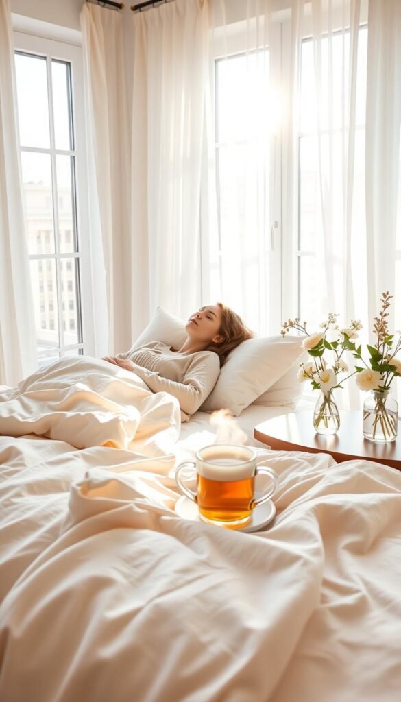 A serene morning scene set in a softly lit bedroom, capturing the essence of a gentle wake-up. In the foreground, a cozy bed adorned with light pastel blankets, with a person in modest, comfortable attire relaxing against plush pillows, eyes gently opening to the sun's warm rays. The middle ground features a bedside table with a steaming mug of herbal tea and fresh flowers in a vase, enhancing the tranquil ambiance. The background includes large windows draped with light, airy curtains that soften the natural sunlight, casting a warm glow across the room. The overall mood is peaceful and inviting, evoking a sense of calm and rejuvenation, with soft color tones dominating the scene.