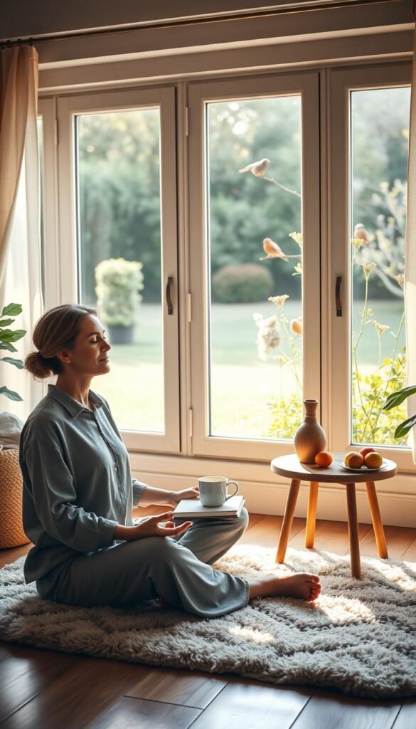 A serene morning scene showing a cozy, sunlit room with soft, muted colors. In the foreground, a person in comfortable, modest casual attire sits on a plush rug, sipping tea while meditating, their expression reflective and peaceful. The middle of the composition features a small wooden table adorned with a journal, a steaming mug, and a plate of fresh fruit. In the background, large windows reveal a tranquil garden bathed in the gentle glow of soft morning light, with dew-kissed plants and birds perched on branches. The atmosphere is calm and inviting, evoking feelings of tranquility and mindfulness, reminiscent of a gentle start to the day. The lighting is soft and warm, creating a cozy, intimate vibe, captured from a slightly elevated angle to enhance the depth of the scene. A serene morning scene showing a cozy, sunlit room with soft, muted colors. In the foreground, a person in comfortable, modest casual attire sits on a plush rug, sipping tea while meditating, their expression reflective and peaceful. The middle of the composition features a small wooden table adorned with a journal, a steaming mug, and a plate of fresh fruit. In the background, large windows reveal a tranquil garden bathed in the gentle glow of soft morning light, with dew-kissed plants and birds perched on branches. The atmosphere is calm and inviting, evoking feelings of tranquility and mindfulness, reminiscent of a gentle start to the day. The lighting is soft and warm, creating a cozy, intimate vibe, captured from a slightly elevated angle to enhance the depth of the scene.