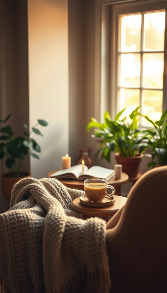 A serene morning scene that captures the essence of tranquility and self-care. In the foreground, a cozy nook features a soft, oversized armchair draped with a warm, knitted blanket. A steaming cup of herbal tea rests on a small wooden side table, surrounded by a few open books and a flickering candle. The middle ground reveals a large window allowing gentle, golden sunlight to spill in, highlighting the rich textures of the space. In the background, lush green plants thrive, bringing a natural element into the cozy environment. The overall atmosphere is warm and inviting, evoking a sense of peaceful solitude and mindfulness, perfect for anchoring the day. The lighting should be soft and warm, reminiscent of early morning light, enhancing the overall mood of comfort and relaxation.