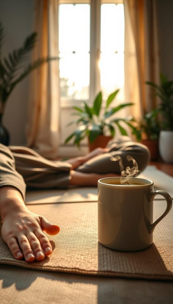 A serene morning setting for a cozy grounding practice, featuring a calm individual dressed in comfortable, modest casual clothing, seated cross-legged on a soft, textured yoga mat. The foreground showcases a close-up of their hands lightly resting on their knees, fingers touching the earth. In the middle, a steam-filled mug of herbal tea and a small potted plant are placed nearby, enhancing the tranquil atmosphere. The background reveals a sunlit room with soft, golden light streaming through a large window, illuminating gentle green houseplants and softly patterned curtains. The overall mood exudes peace and mindfulness, inviting viewers to feel the warmth and stillness of a nurturing morning routine. A serene morning setting for a cozy grounding practice, featuring a calm individual dressed in comfortable, modest casual clothing, seated cross-legged on a soft, textured yoga mat. The foreground showcases a close-up of their hands lightly resting on their knees, fingers touching the earth. In the middle, a steam-filled mug of herbal tea and a small potted plant are placed nearby, enhancing the tranquil atmosphere. The background reveals a sunlit room with soft, golden light streaming through a large window, illuminating gentle green houseplants and softly patterned curtains. The overall mood exudes peace and mindfulness, inviting viewers to feel the warmth and stillness of a nurturing morning routine.