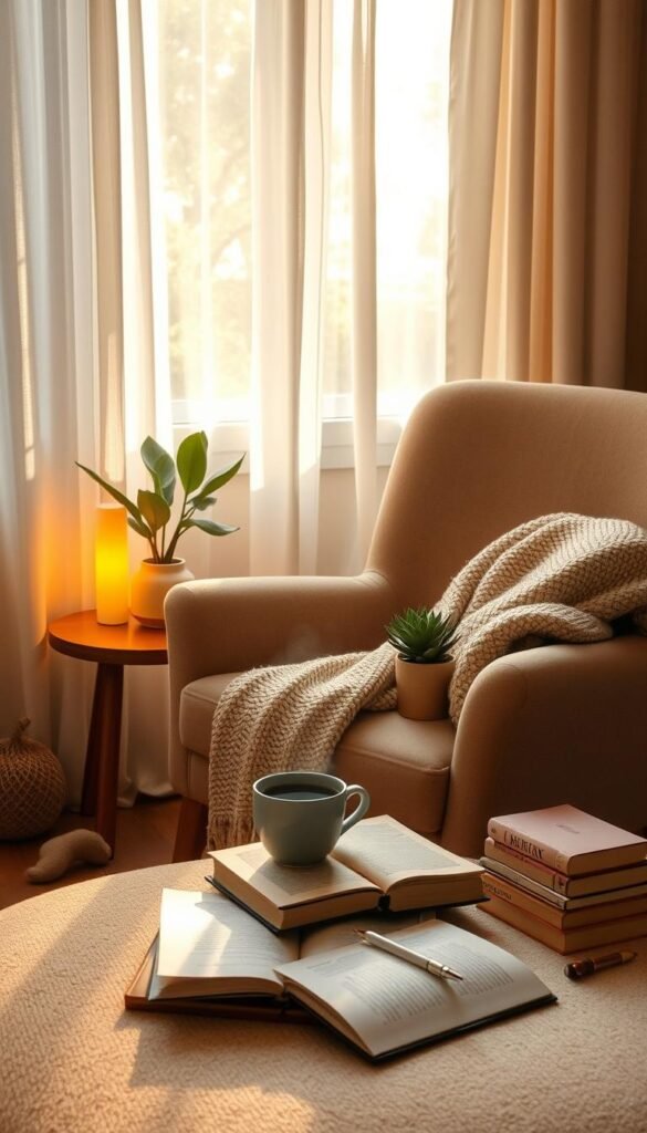 A serene morning space featuring a cozy corner flooded with soft, warm light streaming through sheer curtains. In the foreground, a plush, inviting armchair with a textured throw blanket draped over one side, paired with a small wooden side table displaying a steaming cup of herbal tea and a succulent plant. The middle ground showcases a gently glowing lamp casting a mellow ambiance, alongside a few scattered books and a journal open with a pen beside it. The background reveals a glimpse of greenery through the window, enhancing the peaceful atmosphere. The overall mood should exude tranquility and warmth, inviting the viewer to imagine a calm start to the day. Capture this scene using a soft focus lens to emphasize the cozy details while maintaining a gentle depth of field. A serene morning space featuring a cozy corner flooded with soft, warm light streaming through sheer curtains. In the foreground, a plush, inviting armchair with a textured throw blanket draped over one side, paired with a small wooden side table displaying a steaming cup of herbal tea and a succulent plant. The middle ground showcases a gently glowing lamp casting a mellow ambiance, alongside a few scattered books and a journal open with a pen beside it. The background reveals a glimpse of greenery through the window, enhancing the peaceful atmosphere. The overall mood should exude tranquility and warmth, inviting the viewer to imagine a calm start to the day. Capture this scene using a soft focus lens to emphasize the cozy details while maintaining a gentle depth of field.