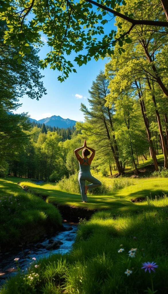 A serene natural landscape featuring a lush green forest with sunlight filtering through the leaves, creating dappled patterns on the forest floor. In the foreground, a woman in modest, casual clothing is practicing yoga on a soft patch of grass, embodying harmony with nature. The middle ground includes vibrant wildflowers and gently flowing water from a small creek, enhancing the tranquility of the scene. The background showcases majestic, distant mountains under a clear blue sky, contributing to a sense of openness and calm. Use soft, warm lighting to evoke a peaceful and rejuvenating atmosphere, capturing the essence of slow living and connection to the natural world. Aim for a soft focus, shooting from a slightly elevated angle to highlight the woman's practice in relation to the expansive landscape. A serene natural landscape featuring a lush green forest with sunlight filtering through the leaves, creating dappled patterns on the forest floor. In the foreground, a woman in modest, casual clothing is practicing yoga on a soft patch of grass, embodying harmony with nature. The middle ground includes vibrant wildflowers and gently flowing water from a small creek, enhancing the tranquility of the scene. The background showcases majestic, distant mountains under a clear blue sky, contributing to a sense of openness and calm. Use soft, warm lighting to evoke a peaceful and rejuvenating atmosphere, capturing the essence of slow living and connection to the natural world. Aim for a soft focus, shooting from a slightly elevated angle to highlight the woman's practice in relation to the expansive landscape.