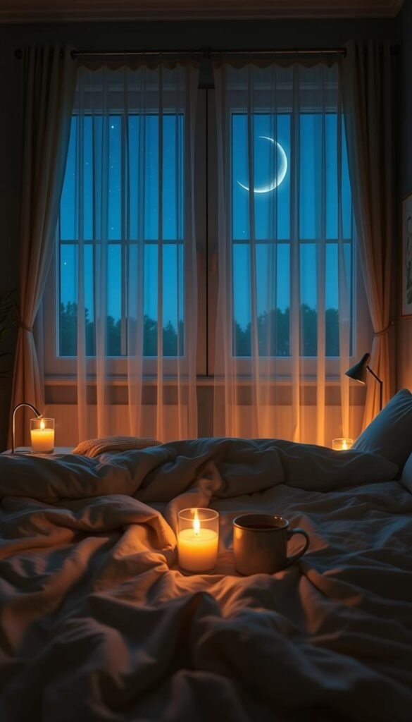 A serene nighttime scene depicting a cozy bedroom ready for a gentle morning routine. In the foreground, a softly made bed draped with plush pillows and a light quilt, inviting relaxation. A bedside table holds a glowing candle and a steaming cup of herbal tea, exuding warmth and comfort. In the middle, large windows with sheer curtains gently flutter, allowing glimpses of a starry sky and a crescent moon casting a soft silver light into the room. The background features calming pastel walls adorned with gentle nature-themed artwork. The overall ambiance is tranquil and inviting, creating a sense of peace and anticipation for the morning ahead. The lighting is soft and warm, enhancing the coziness of this nighttime haven, evoking a mood of calm preparation.