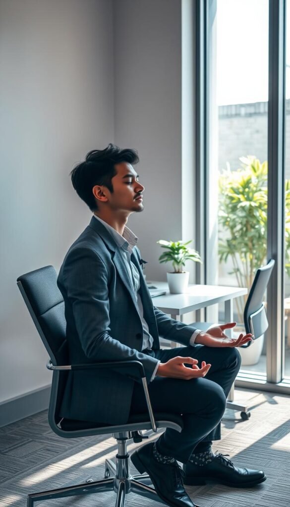 A serene office corner featuring a person taking a mindful break. In the foreground, a young professional in smart casual attire, seated on a comfortable chair with a relaxed posture, eyes closed and hands resting on their knees, practicing deep breathing. The middle layer shows a small desk with a neatly arranged workspace, a potted plant, and soft lighting illuminating the area, creating a calm atmosphere. The background captures a peaceful office environment through a large window, allowing natural sunlight to flood in, with glimpses of a vibrant green garden outside. The overall mood is tranquil and restorative, reflecting a moment of mindfulness amidst a busy workday. A serene office corner featuring a person taking a mindful break. In the foreground, a young professional in smart casual attire, seated on a comfortable chair with a relaxed posture, eyes closed and hands resting on their knees, practicing deep breathing. The middle layer shows a small desk with a neatly arranged workspace, a potted plant, and soft lighting illuminating the area, creating a calm atmosphere. The background captures a peaceful office environment through a large window, allowing natural sunlight to flood in, with glimpses of a vibrant green garden outside. The overall mood is tranquil and restorative, reflecting a moment of mindfulness amidst a busy workday.