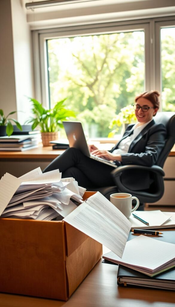 A serene office scene depicting a professional in business attire, seated relaxed at a desk with a laptop open, smiling gently as they comfortably delegate tasks. In the foreground, an overflowing box of paperwork and clutter symbolizes excess workload, with a soft beam of light illuminating it. The middle ground shows a clutter-free workspace with a few essential tools: a notebook, pen, and a cup of tea, inviting a sense of calm. In the background, a large window reveals a sunny day outside, with greenery swaying softly in the breeze, enhancing the feeling of tranquility. The lighting is warm and inviting, creating a nurturing atmosphere. Capture this composition from a slightly elevated angle to emphasize both the relaxed posture and the serene environment, conveying a message of lightening the load.