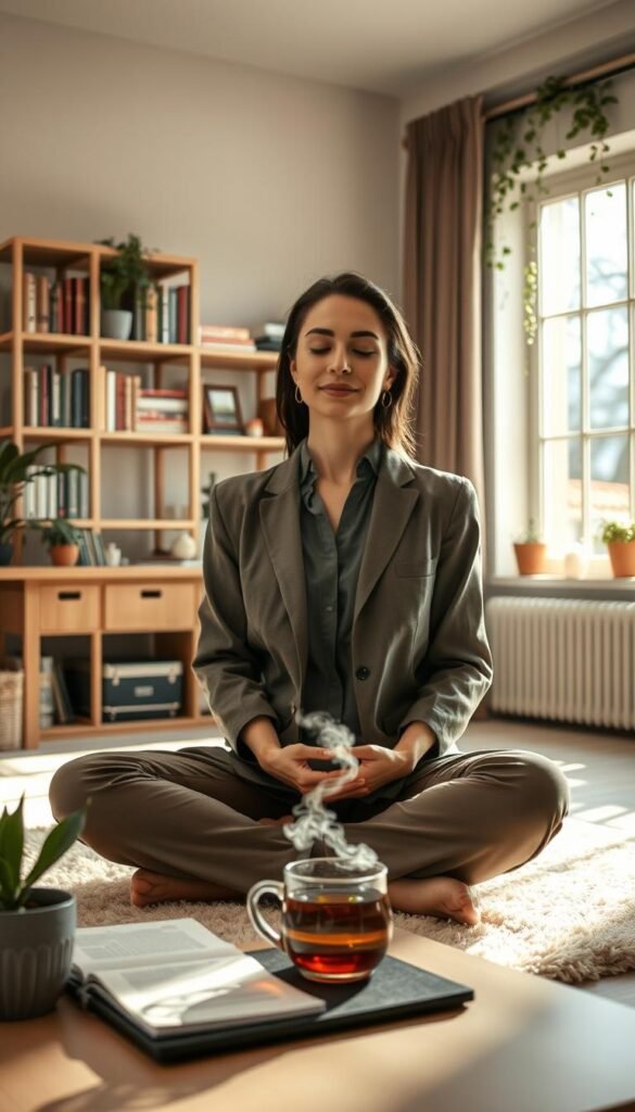 A serene office space captured in soft, natural light, featuring a professional woman in modest business attire taking a mindful break. In the foreground, she sits cross-legged on a plush rug, eyes gently closed, with a slight smile, expressing tranquility. On a nearby desk, a steaming cup of herbal tea rests beside open notes and a small plant, symbolizing focus and calm. The middle layer includes a large window, allowing sunlight to stream in and create a warm atmosphere, while the background showcases shelves filled with books and greenery, reflecting a blend of productivity and mindfulness. The overall mood is peaceful and inspiring, evoking the idea of taking small pauses to enhance presence and well-being. A serene office space captured in soft, natural light, featuring a professional woman in modest business attire taking a mindful break. In the foreground, she sits cross-legged on a plush rug, eyes gently closed, with a slight smile, expressing tranquility. On a nearby desk, a steaming cup of herbal tea rests beside open notes and a small plant, symbolizing focus and calm. The middle layer includes a large window, allowing sunlight to stream in and create a warm atmosphere, while the background showcases shelves filled with books and greenery, reflecting a blend of productivity and mindfulness. The overall mood is peaceful and inspiring, evoking the idea of taking small pauses to enhance presence and well-being.