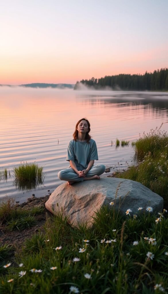 A serene outdoor scene capturing soft reflection moments, depicting a peaceful lakeside at dawn. In the foreground, a gently rippling lake mirrors the pastel hues of the sunrise—soft pinks and warm oranges blending beautifully. On the shore, a person in modest casual clothing sits cross-legged on a smooth rock, with their eyes closed, deep in thought, embodying tranquility. Surrounding them, lush greenery and delicate wildflowers create a calm atmosphere. In the background, mist lightly floats over the water, enhancing the dreamy quality of the scene. Soft, diffused lighting casts a warm glow, evoking a sense of serenity and introspection, inviting viewers to engage in self-reflection and mindfulness. A serene outdoor scene capturing soft reflection moments, depicting a peaceful lakeside at dawn. In the foreground, a gently rippling lake mirrors the pastel hues of the sunrise—soft pinks and warm oranges blending beautifully. On the shore, a person in modest casual clothing sits cross-legged on a smooth rock, with their eyes closed, deep in thought, embodying tranquility. Surrounding them, lush greenery and delicate wildflowers create a calm atmosphere. In the background, mist lightly floats over the water, enhancing the dreamy quality of the scene. Soft, diffused lighting casts a warm glow, evoking a sense of serenity and introspection, inviting viewers to engage in self-reflection and mindfulness.