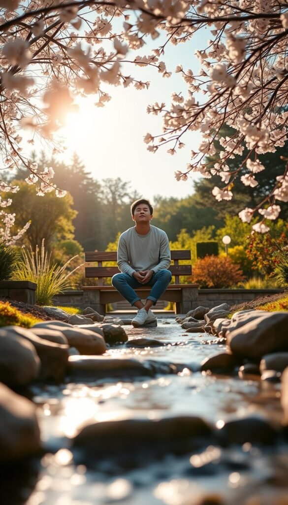 A serene outdoor scene depicting a peaceful garden at sunrise, symbolizing emotional reset and letting go. In the foreground, a gentle stream flows between smooth stones, reflecting soft sunlight. Delicate cherry blossom trees frame the scene, their petals softly falling, representing the release of rushing and pressure. In the middle, a person in modest casual clothing is seated on a bench, eyes closed and a calm expression, taking a deep breath as they embrace tranquility. The background features lush greenery and a clear blue sky, evoking a sense of freedom and renewal. The lighting is warm and soft, suggesting a hopeful atmosphere, with a shallow depth of field focusing on the person, while the rest of the scenery creates a soothing ambiance, encouraging emotional release. A serene outdoor scene depicting a peaceful garden at sunrise, symbolizing emotional reset and letting go. In the foreground, a gentle stream flows between smooth stones, reflecting soft sunlight. Delicate cherry blossom trees frame the scene, their petals softly falling, representing the release of rushing and pressure. In the middle, a person in modest casual clothing is seated on a bench, eyes closed and a calm expression, taking a deep breath as they embrace tranquility. The background features lush greenery and a clear blue sky, evoking a sense of freedom and renewal. The lighting is warm and soft, suggesting a hopeful atmosphere, with a shallow depth of field focusing on the person, while the rest of the scenery creates a soothing ambiance, encouraging emotional release.