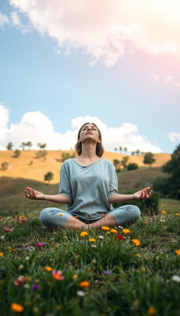 A serene outdoor scene depicting a person grounding themselves in nature. In the foreground, a woman in modest casual clothing sits cross-legged on a soft patch of grass, her hands resting on her knees, palms facing up, embodying tranquility. She gazes peacefully at the sky, surrounded by vibrant wildflowers. In the middle ground, gentle rolling hills stretch out, dotted with trees that sway slightly in a light breeze. The background features a clear blue sky, with fluffy white clouds diffusing warm sunlight that creates a soothing golden hue. The atmosphere exudes calmness and introspection, with soft, natural lighting enhancing the overall sense of peace and connection to nature. Focus on a warm, inviting composition, highlighting the essence of grounding and emotional calm.